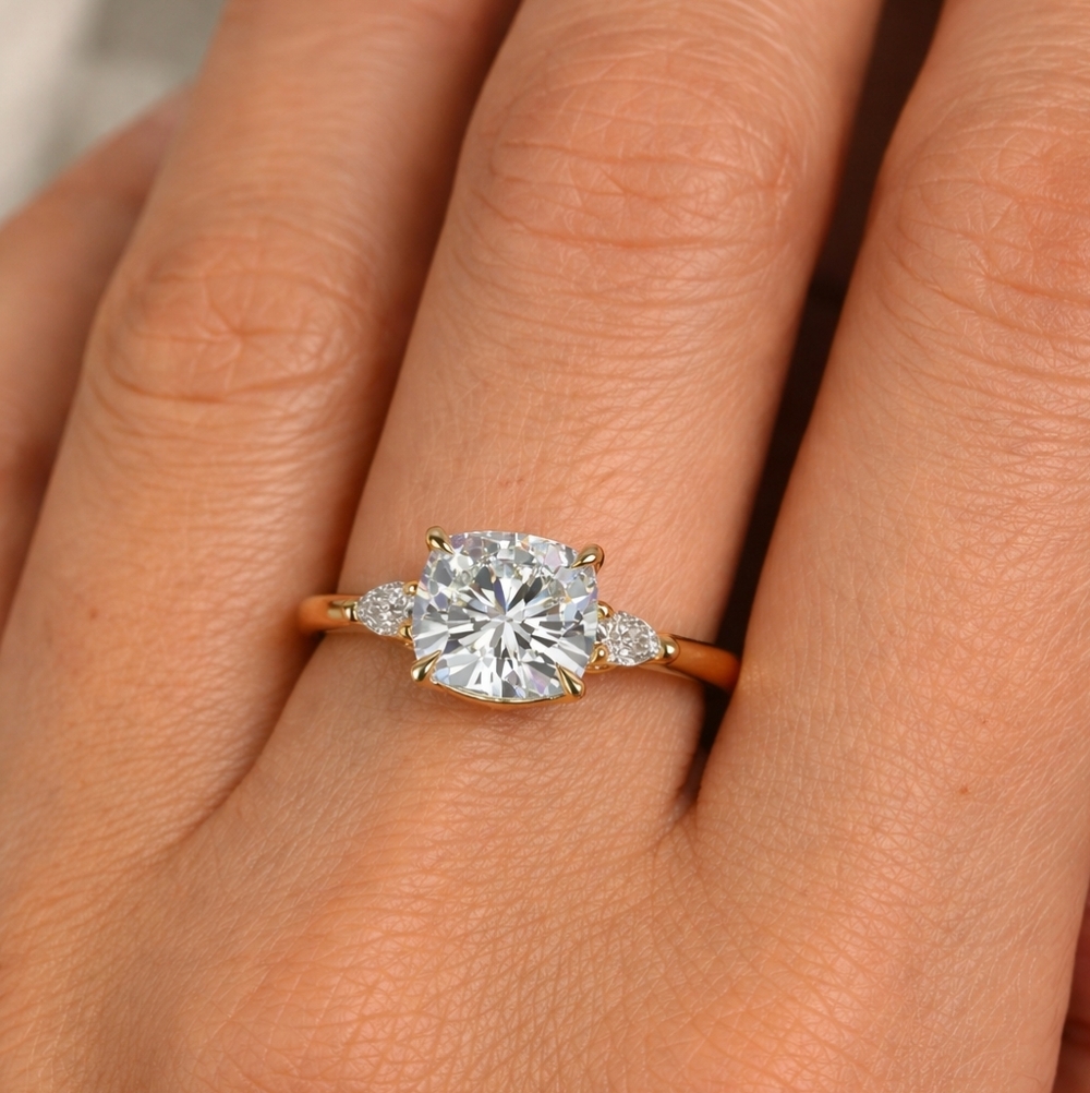 1.8Carat -7.0mm Cushion Moissanite and Pear 3-Stone Engagement Ring